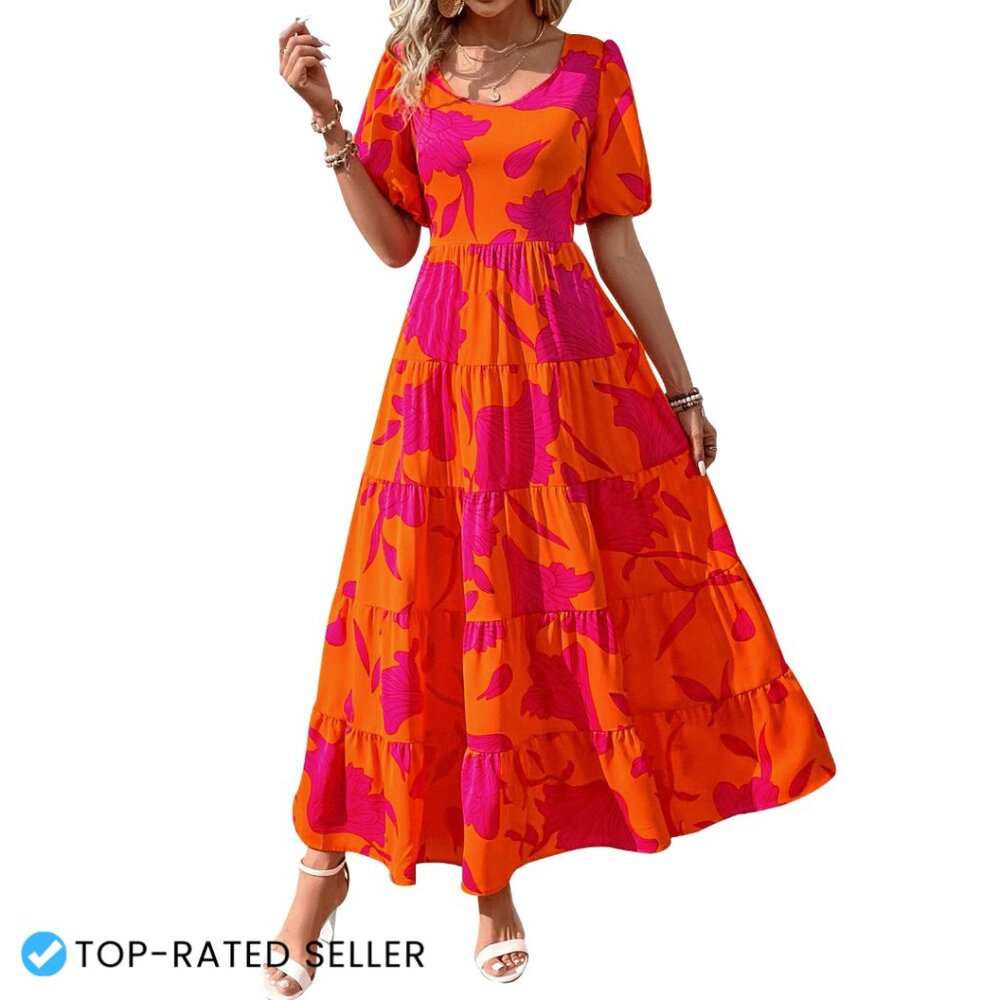 Floral Maxi Dress with Puff Sleeves Tiered Hem Wedding Guest Elegant